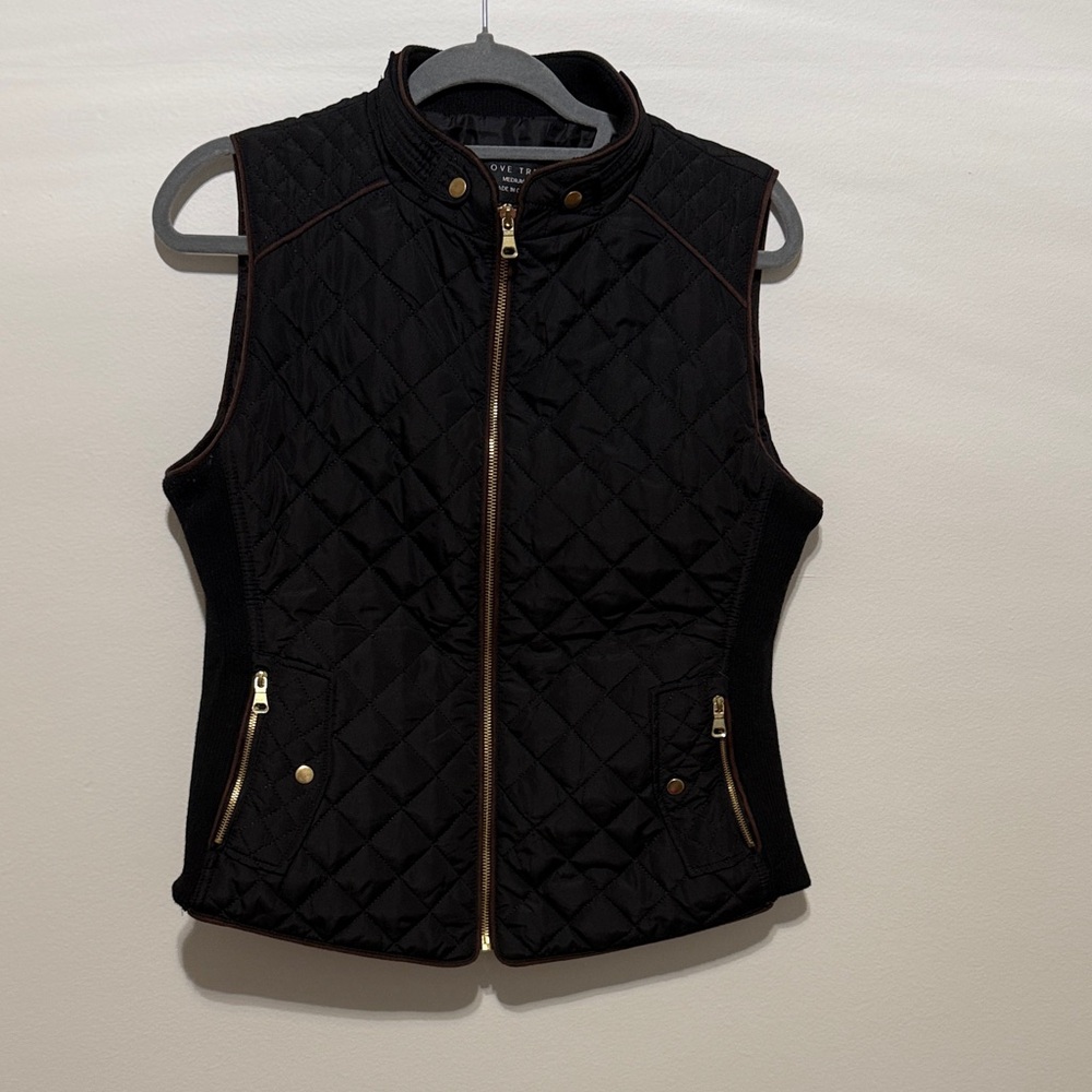 Love Tree Black Quilted Zip-Front Vest with Gold Hardware